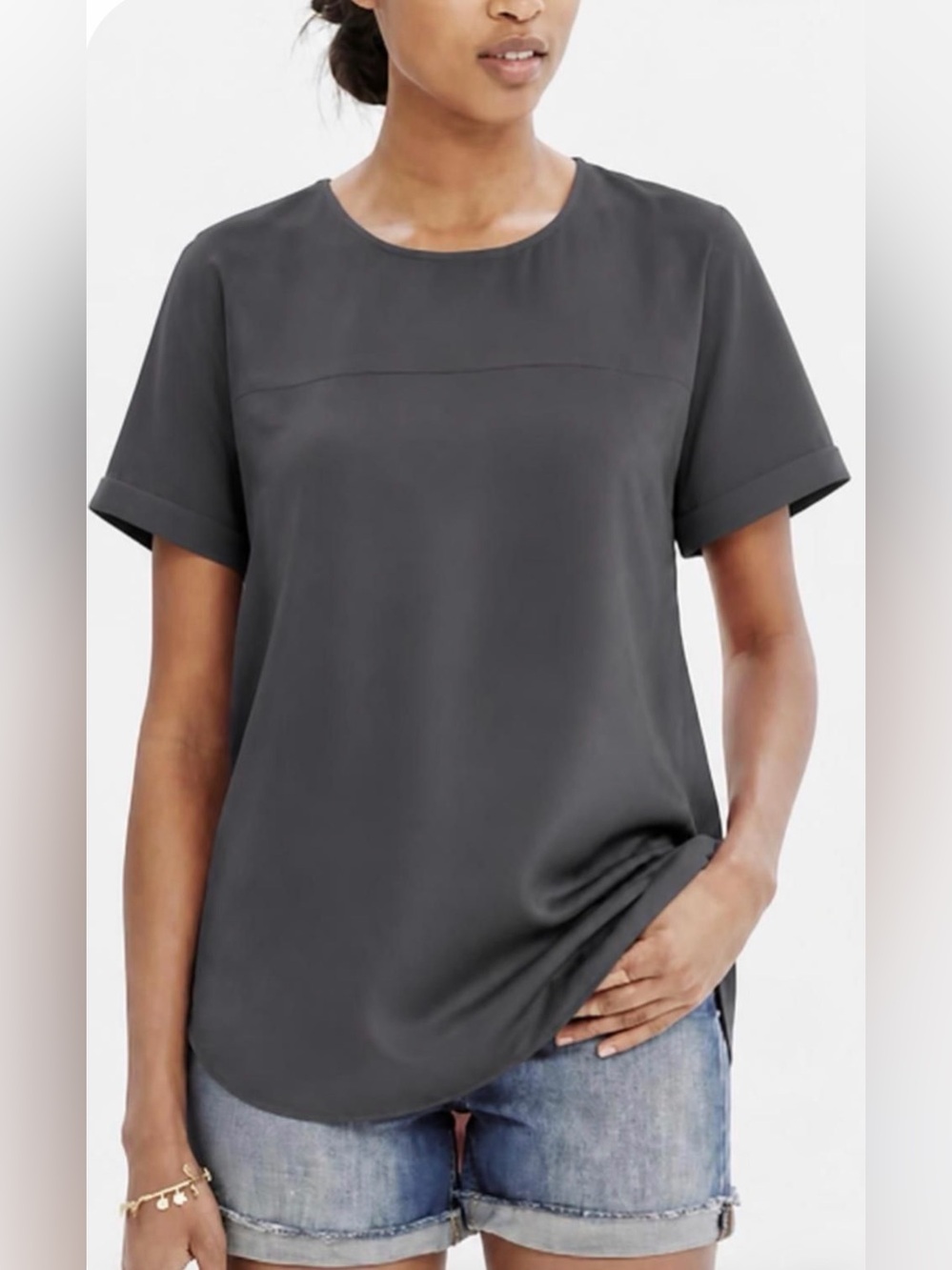 Madewell 100% Silk Top Blouse, Gray Charcoal, Loose fit, Short sleeve M